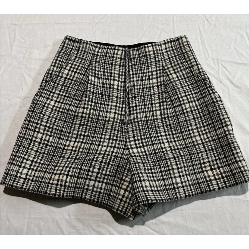 Sandro Paris Wool Plaid High Waist Shorts Zipper Front Size 36 (Small) EUC!
